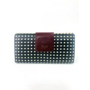 Fossil Emma Tab Clutch Wallet Navy Blue Cream Polka Dot Burgundy Leather